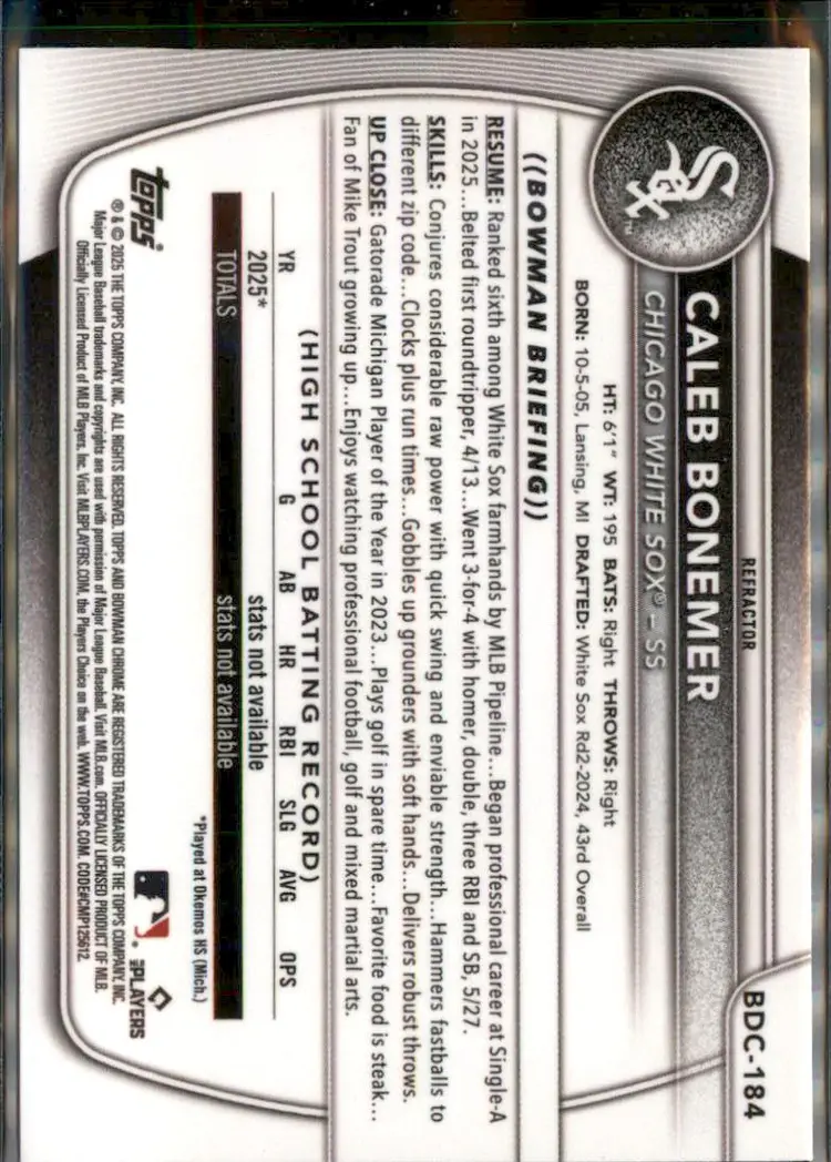 2025 Bowman Draft #BDC-184 Caleb Bonemer Chrome Refractor - (138) - Chicago White Sox