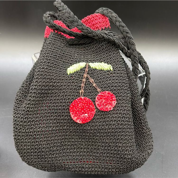 Crocheted Cherry Purse Backpack Very Clean Condition Has A Pocket On The Inside, Makers Mark Also very adorable for young teens or Any Age
