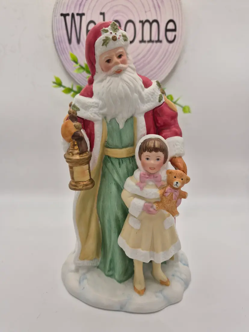 Avon Porcelain Santa Standing Aside a Little Girl Figurine 1995- 7.5 "