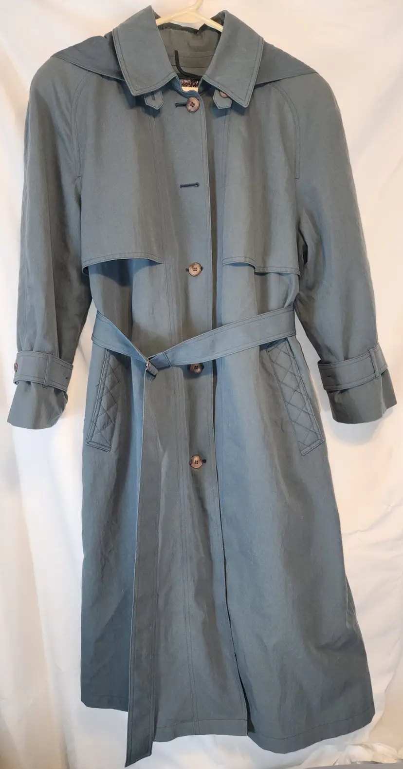 Vintage USA London Fog Thinsulate Green Button Up Lined Hooded Trench Coat 8 Petite