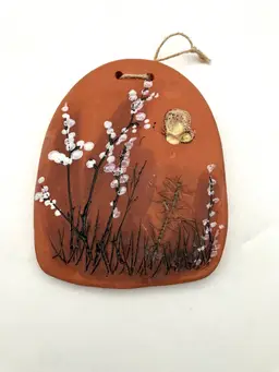 13 - Handmade Clay Pottery Decorative Hanging Wall Tile Butterfly And Flowers Samotti Finland