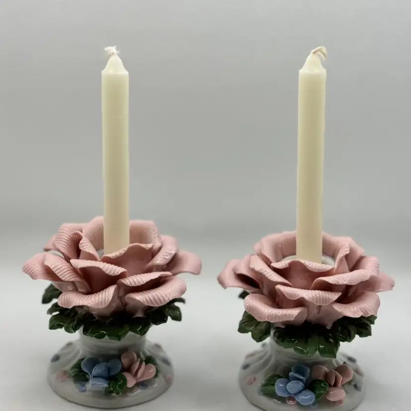Vintage Pink Rose Candle Holders (2) Handcrafted Bisque Porcelain 1970’s