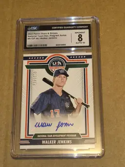 Walker Jenkins 2022 Panini Stars and Stripes National Team Development Program Auto #NTDP-WJ /499 CGC 8 w/ 10 Auto Grade Twins