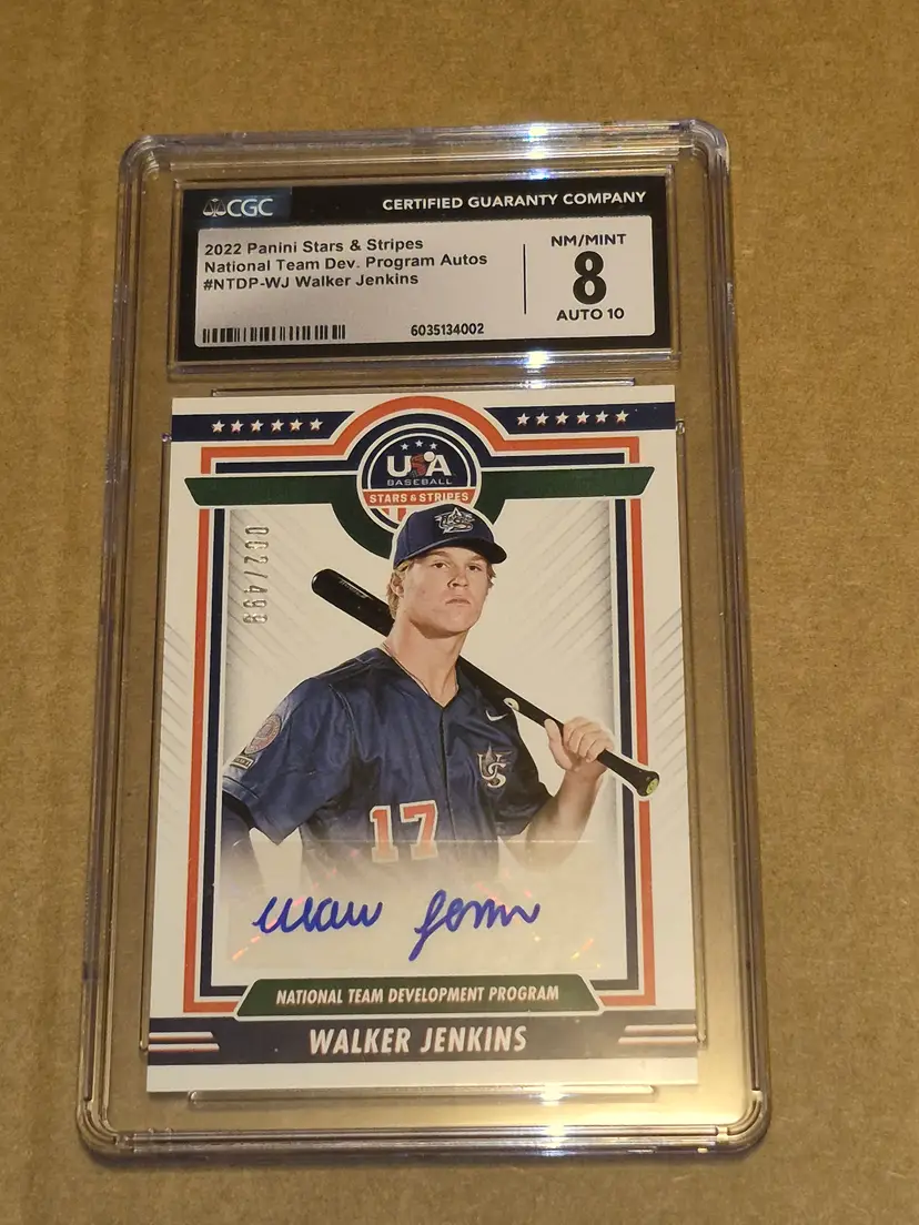 Walker Jenkins 2022 Panini Stars and Stripes National Team Development Program Auto #NTDP-WJ /499 CGC 8 w/ 10 Auto Grade Twins