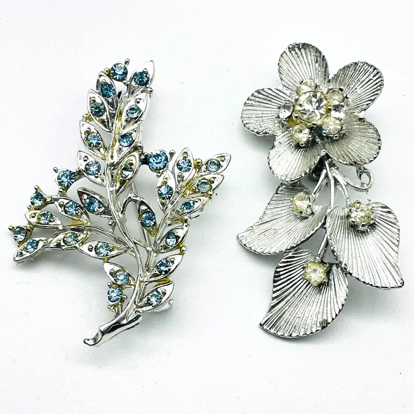 Silver Tone Brooch Lot of 2 CORO Blue Rhinestone Branch and Flower with Leaves 17886