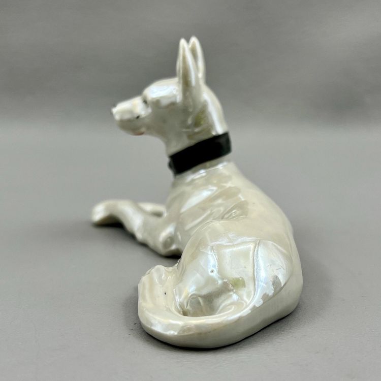Vintage White Lusterware Lying Dog Figurine 5x3" Japan Great Dane German Shepherd Pointy Ears