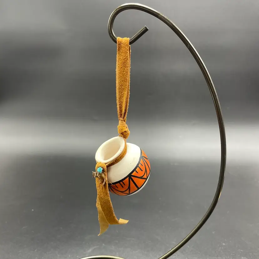 Native American Miniature Pottery Ornament Hand Painted Suede Straps