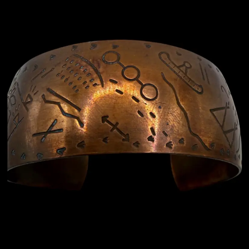 Vintage Genuine Copper Cuff Etched Petroglyphs-Inspired Story Art Bracelet