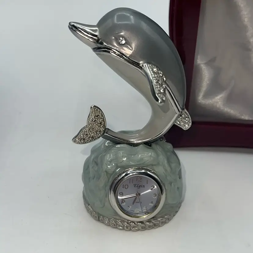 Enamel dolphin clock by Elgin with box