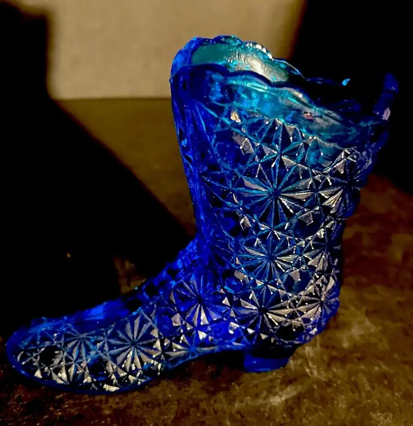 Vintage Glass Bright Blue Daisy and Buttons Slipper Shoe Boot Planter J