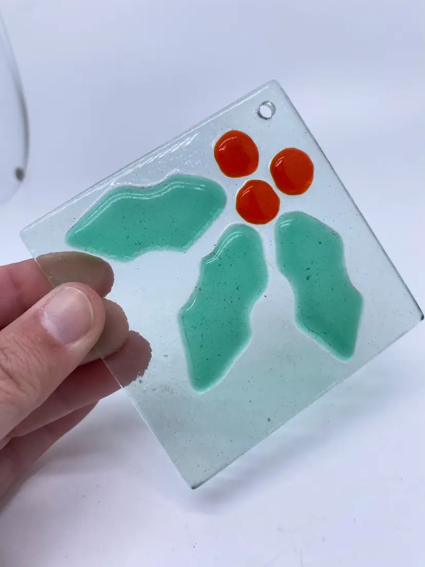 Fused Glass Holly Leaves Ornament/ Sun Catcher