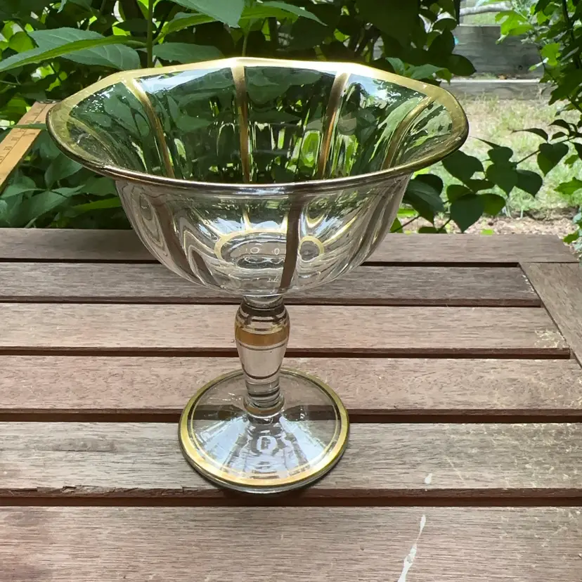 Vintage Glass Pedestal Compote With Gold Trim