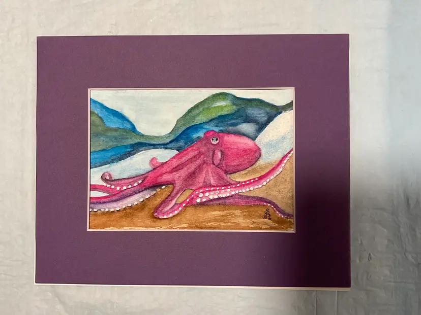 Original watercolor Octopus 5x7” in purple 8 x 10” matte