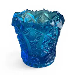 Blue Imperial Glass Daisy and Button Sawtooth Rim Toothpick Holder