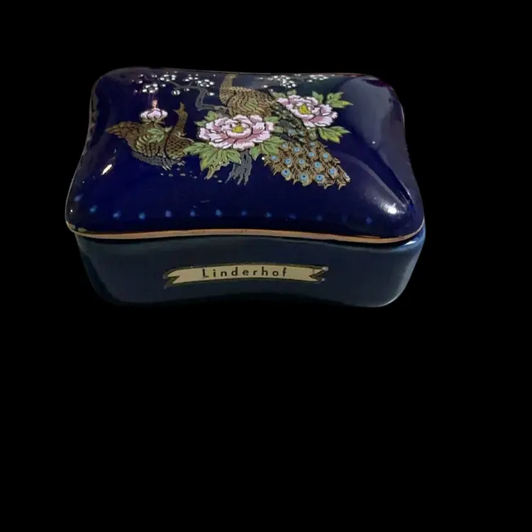Vintage Asahi  Style Porcelain Trinket Box / Jewelry Box / Keepsake Box. Cobalt Blue Color W/ Goldtone Trim And Goldtone Peacocks In A Beautiful Floral design. Marked Linderhof