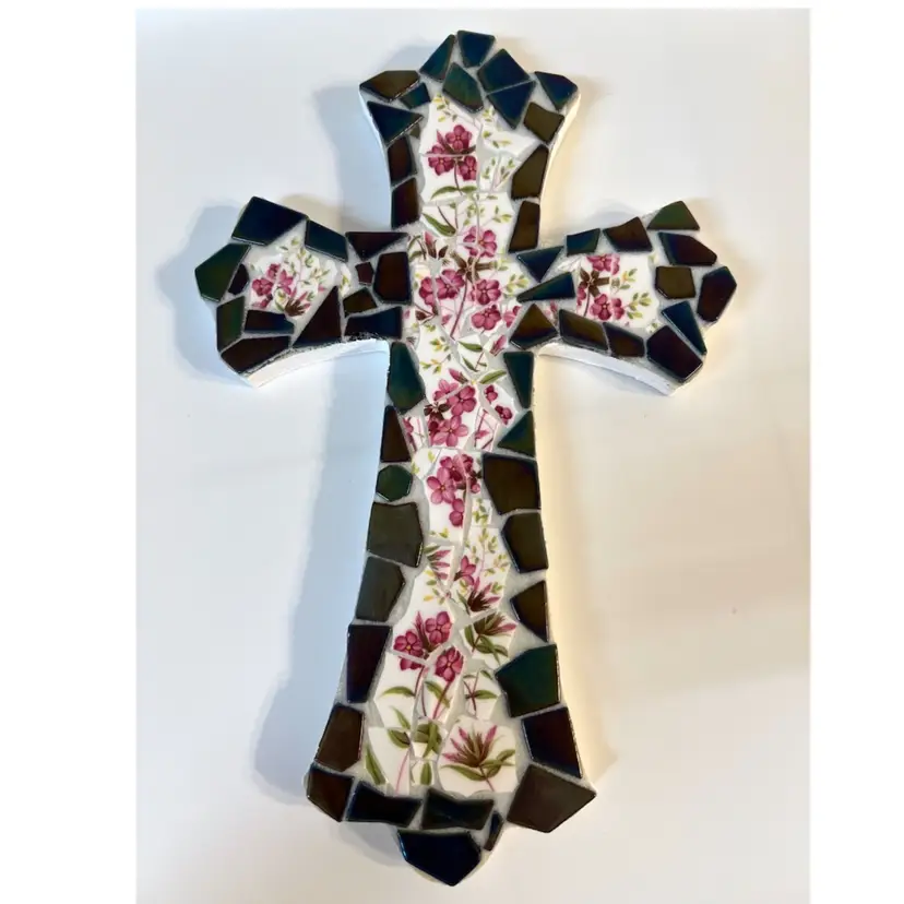 Handmade Cross Mosaic Glass & Broken China Easter Religious Christianity Wall Decor 11.5 in Height