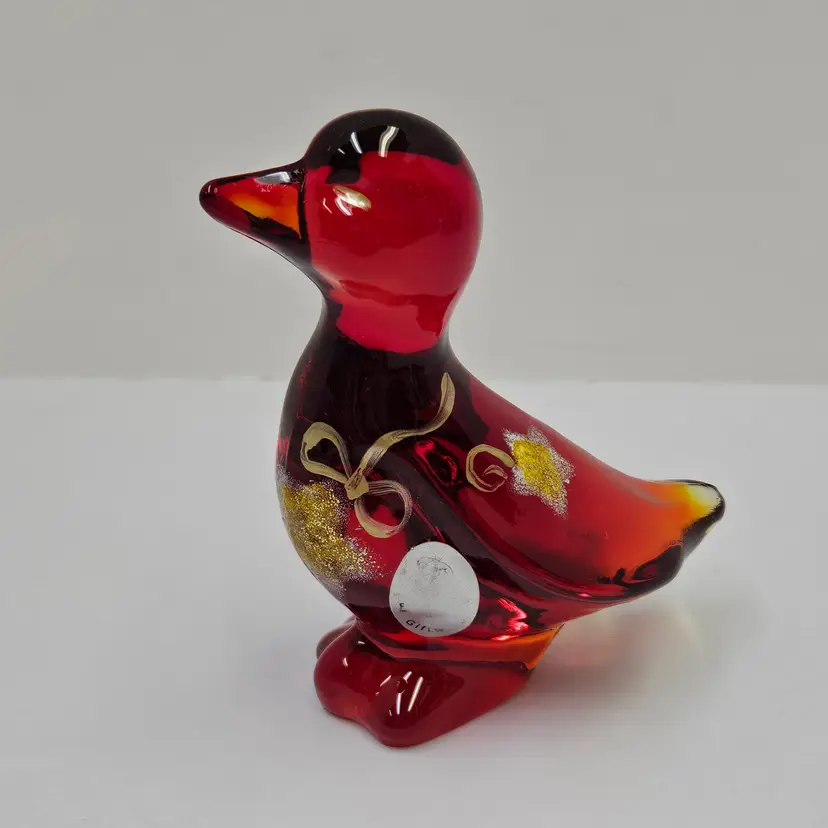 Glowy Fenton 3.75" Ruby Red Amberina Glass Duck Goose Figurine Hand Painted