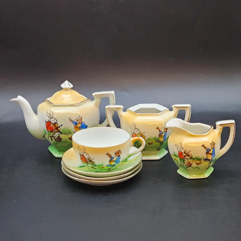 Porcelain Child Tea Set 7 Pieces Fox and Rabbit Violin Teapot Sugar Creamer Cup Saucers Antique Vintage