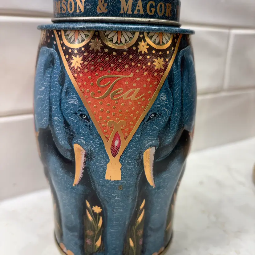 Vintage Elephant Tea Tin Williamson Canister Teal & Gold Earl Gray Collectible