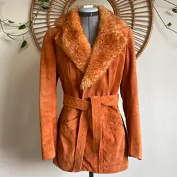 1970s Orange Suede Jacket Shearling Collar Waist Tie Argentina Vintage Hippie