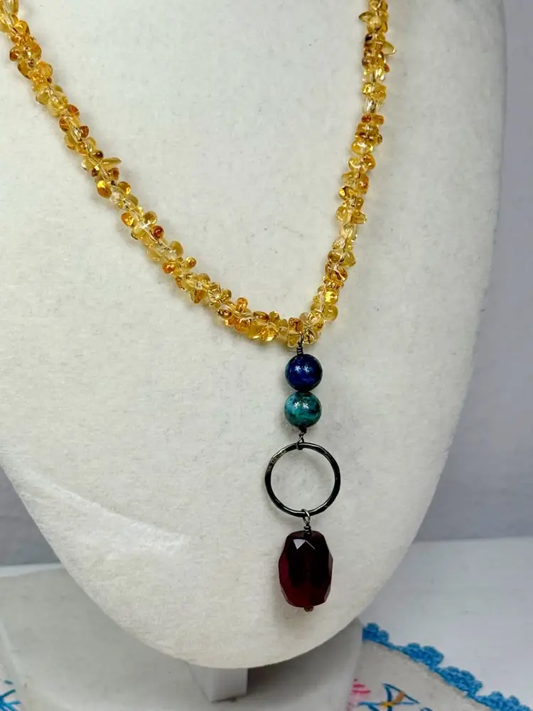 Sterling Silver Citrine & Other Gemstone Necklace 28”