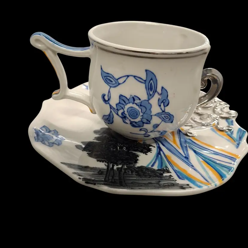 Anthropologie Porcelain Hand Painted Floral Two Handled Tea Cup and Saucer