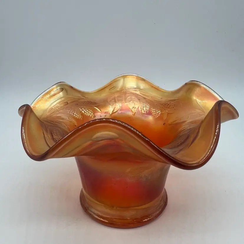 #14 Vintage Marigold Carnival Glass Fluted Hat Vase Leaves & Berries Pattern
