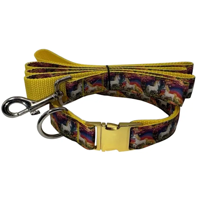 Dog Collar & Leash Yellow Unicorn Rainbow Print  Large Handmade Heavy Duty NEW