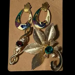 Two Brooch And  Enameled Earring Gold Tone  Set