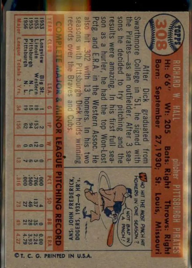 1957 Topps #308 Dick Hall - ( pk1 ) - Pittsburgh Pirates