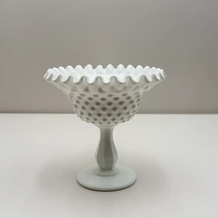 Fenton Milk Glass Hobnail Ruffle Top Compote