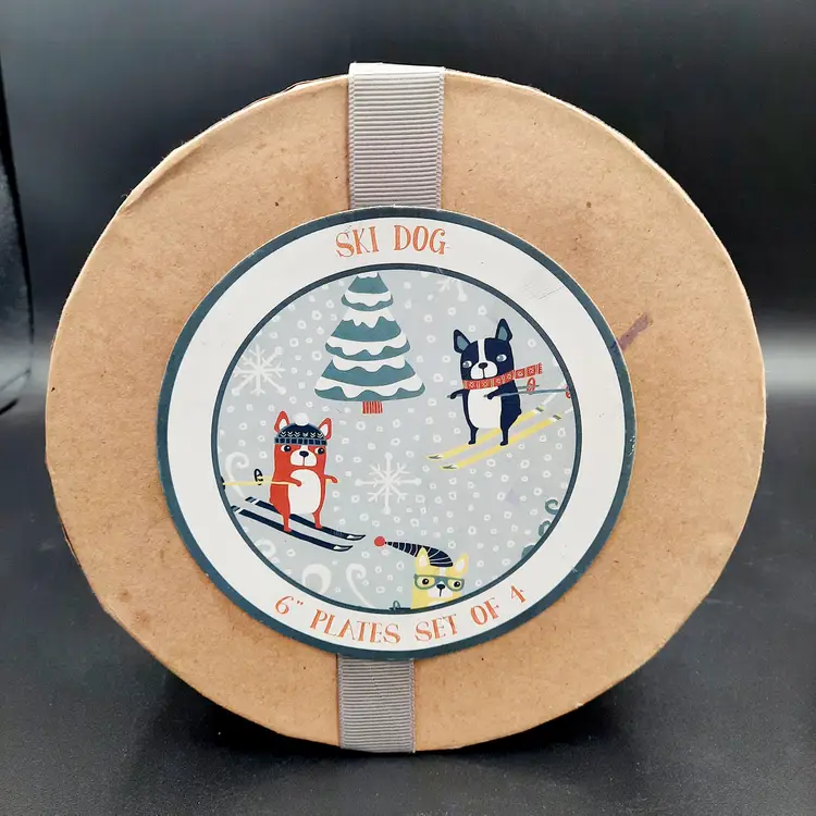 Magenta Ski Dog Whimsical Kitsch Winter Appetizer Plates Set Of 4