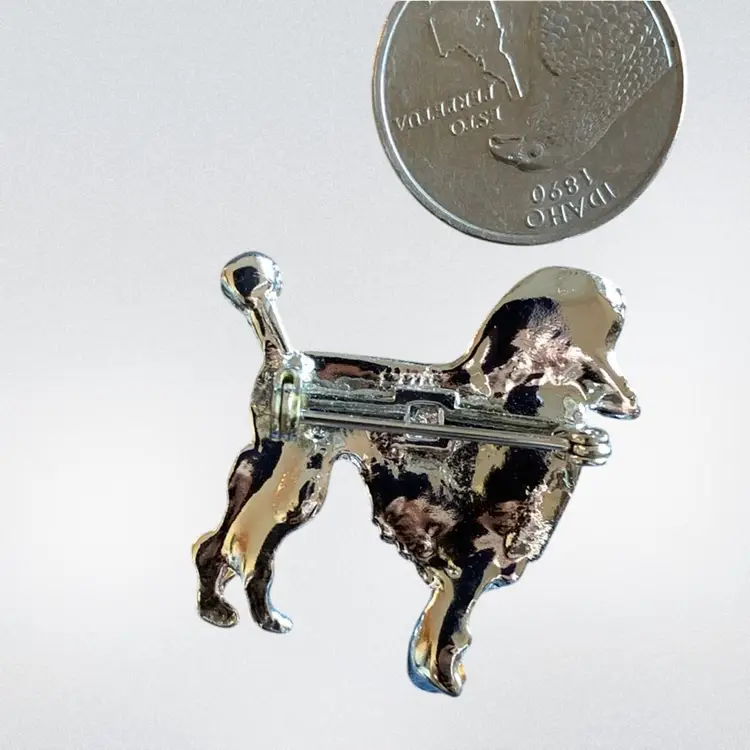 Silver Tone Poodle Brooch With Blue Rhinestones