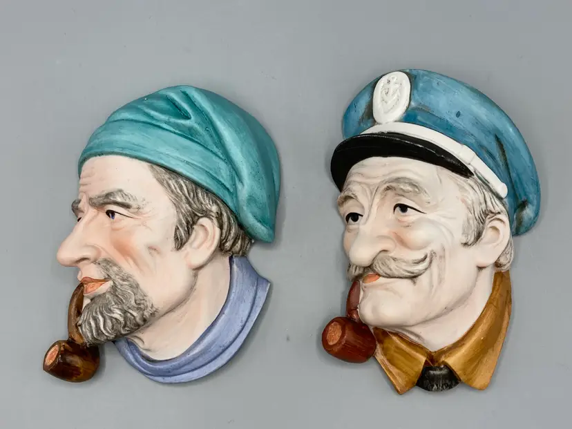 Vintage Lefton Wall Plaques Old Man Sailor Smoking a Pipe - set of 2