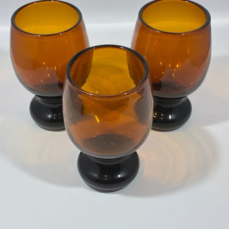 Set Of 3 Hand blown Amber Dark Brown Glass Rounded Pedestal Goblet Glasses