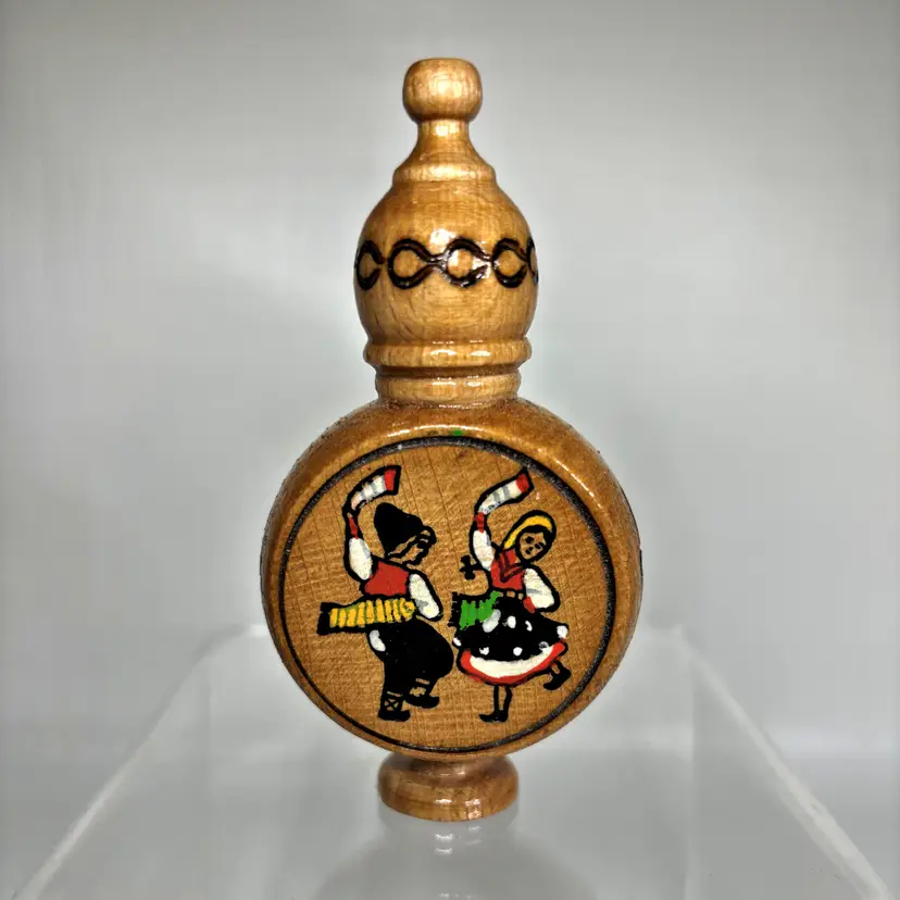 Wooden Perfume Bottle Holder Hand Made Painted Bulgaria Dancers Carved Vintage