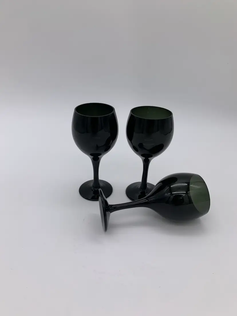Set Of 3 Black Transparent Green Vtg. Cordial After Dinner Stemware Glasses 2 Oz