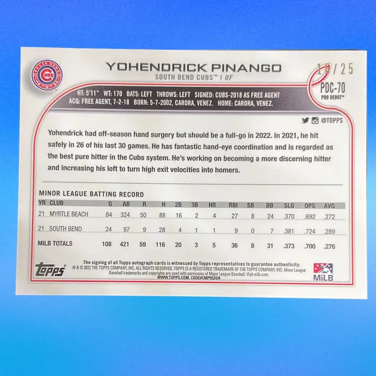 Yohendrick Pinango Pro Debut ORANGE LAVA REFRACTOR Auto /25 - Chicago Cubs