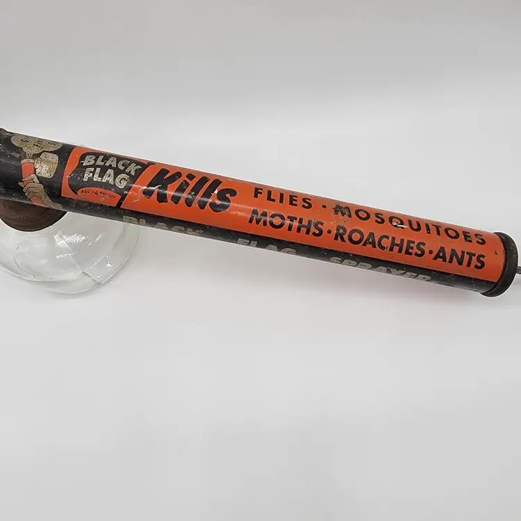 Vintage Black Flag Bug Pump Spray Glass Reservoir Halloween Rustic Advertising