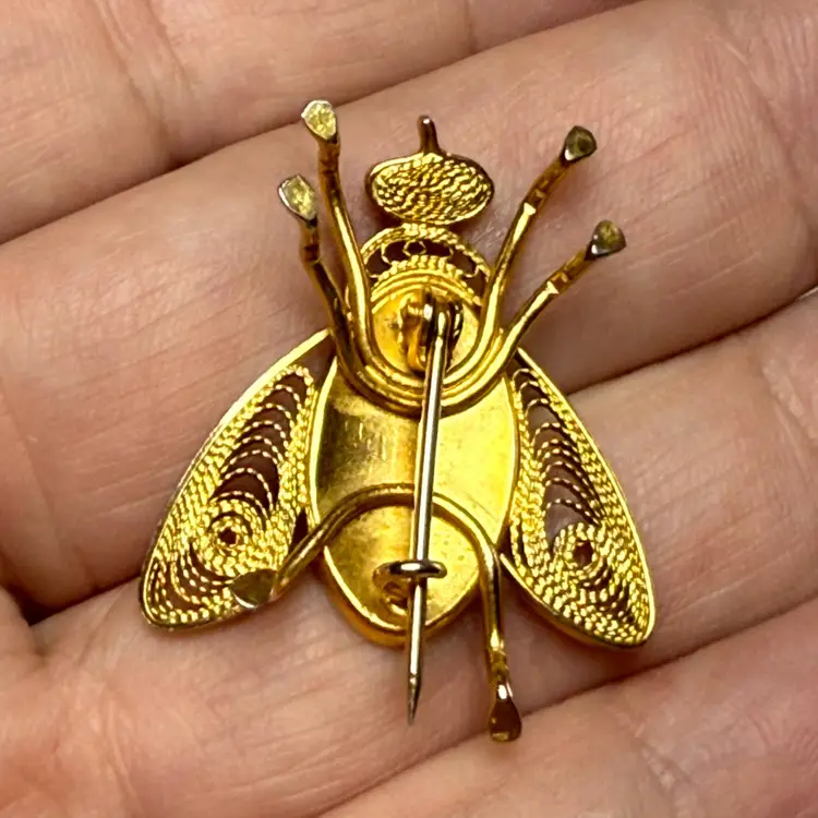 Vintage Damascene Fly Bee Bug Insect Brooch Pin Filigree Black Gold Tone Spain