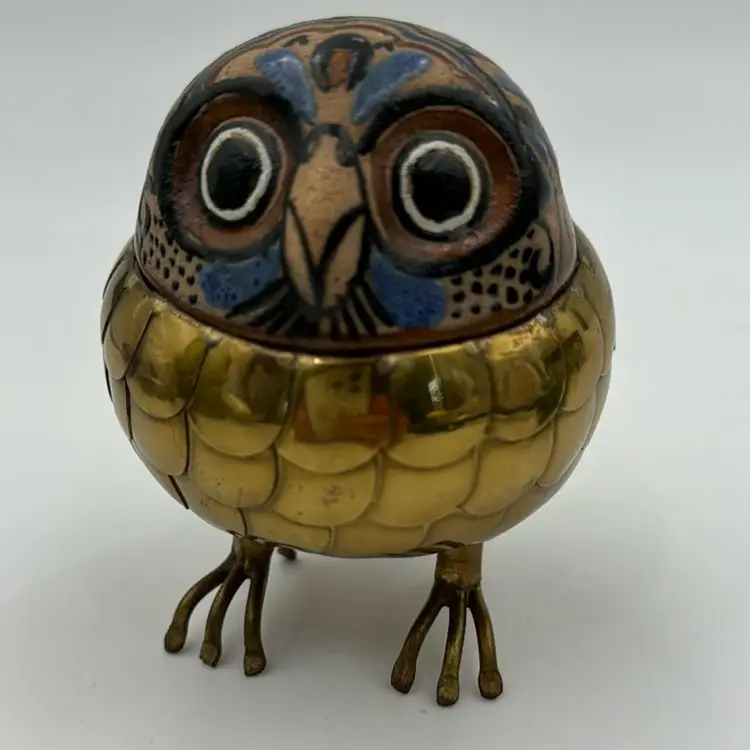 #01 Vintage Brass Ceramic Owl. Alexander Blazquez Mid Century Mexican & Pottery Owl