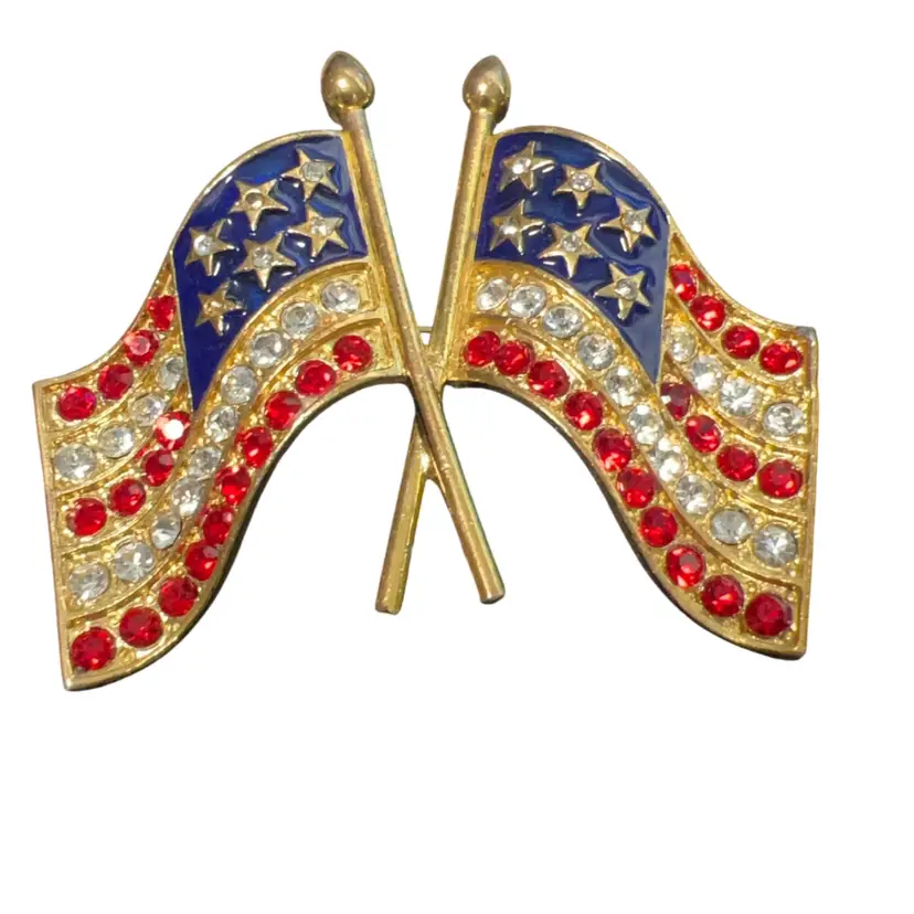 Vintage Double American Flag Gold Tone Enamel And Rhinestones Brooch Red White And Blue Memorial Day, Flag, USA, Patriotic 3” Wide