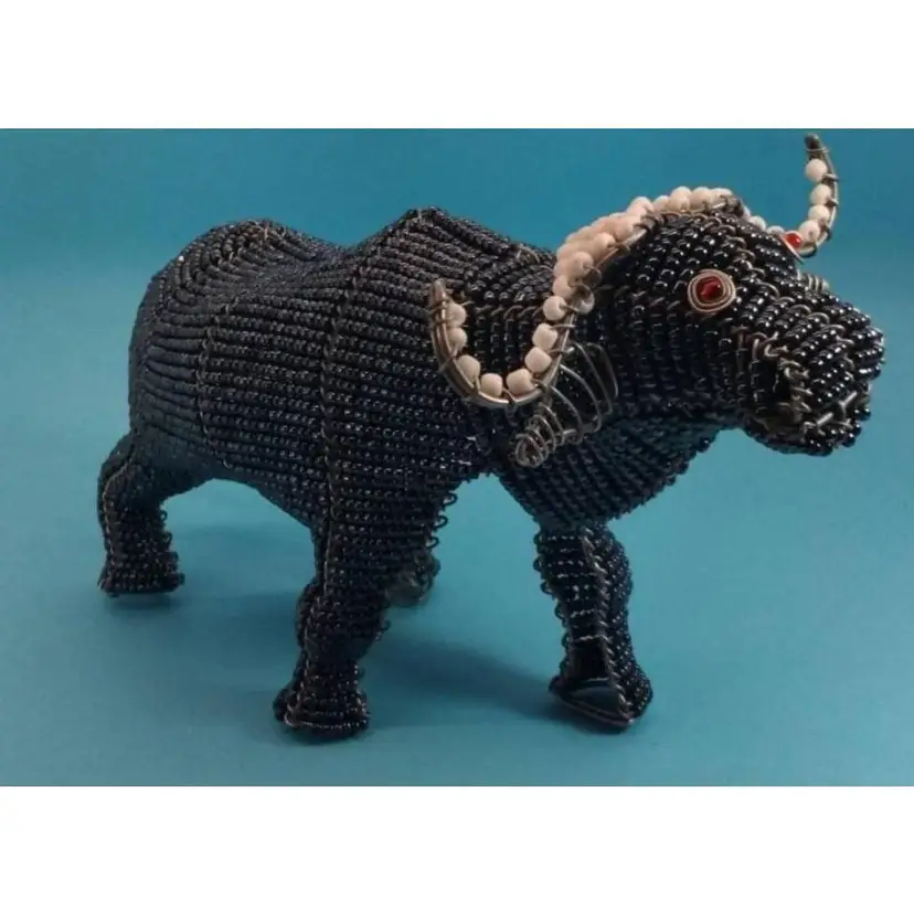 Handcrafted Wire And Black Beaded Buffalo Sculpture