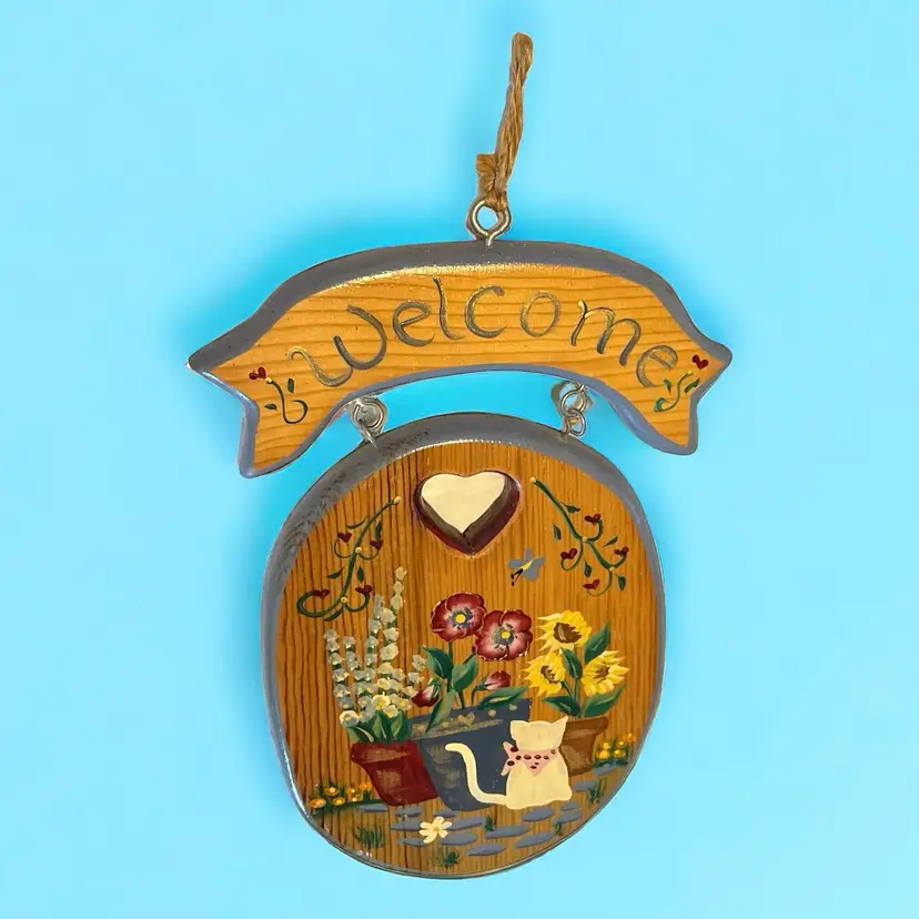 VTG Wooden Door Sign Welcome Hand Painted Kitty Cat Flowers Country Theme 13”X9”