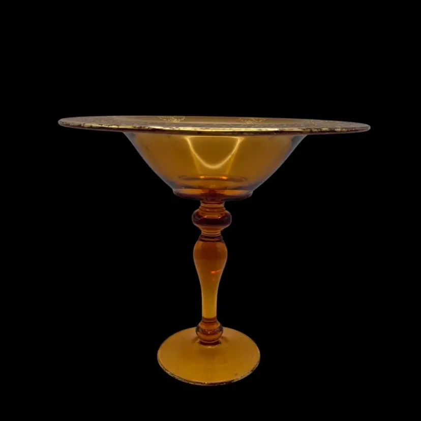 Vintage Amber Glass Pedestal Compote Moser Style w/ Gold Gilt Encrusted Rim 7.7/8”
