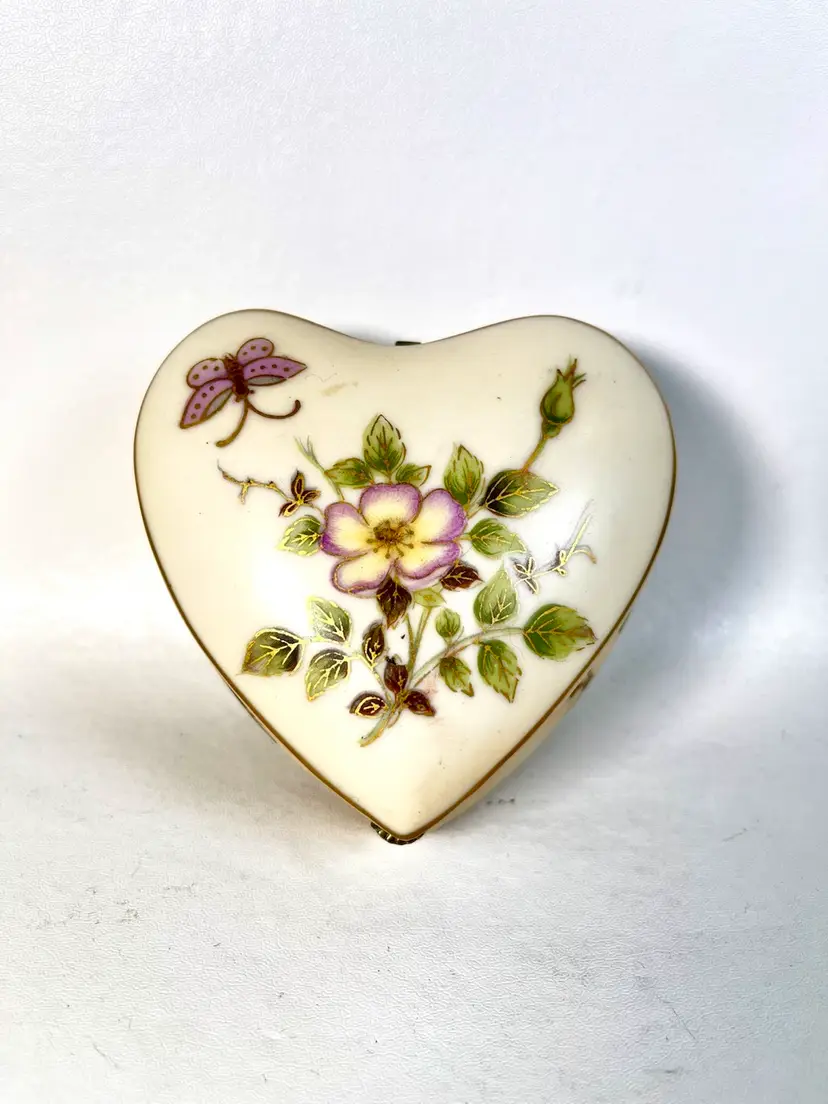 Vintage Lenwile China Hand Painted Florals Heart Shaped Tricket Powder Box