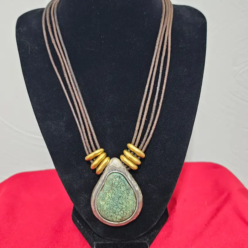 Vintage signed Chico's leather and mixed metal necklace with foux turquoise