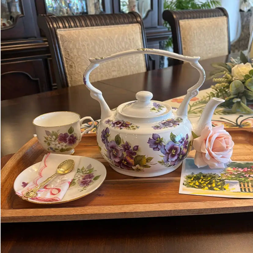 Arthur Wood England Purple and White Pansy Design Bone China Teapot #6496