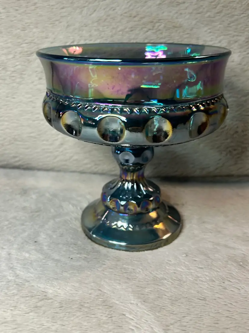 Indiana Glass King’s Crown Thumbprint Pedestal Candy Dish Iridescent Blue