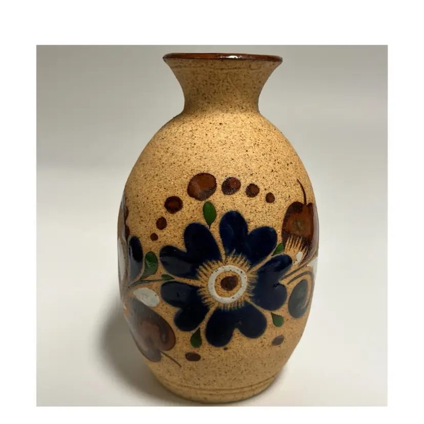 Tonala -Mexican Folk Art Pottery Vase – 5.5” Tall, 3” Wide-Speckled Clay with Hand-Painted Floral Design- Signed Mexico -